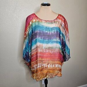 Cocoon House 100% Silk Rainbow Tie Dye Kaftan Blouse Top L/XL Multi Color Stripe
